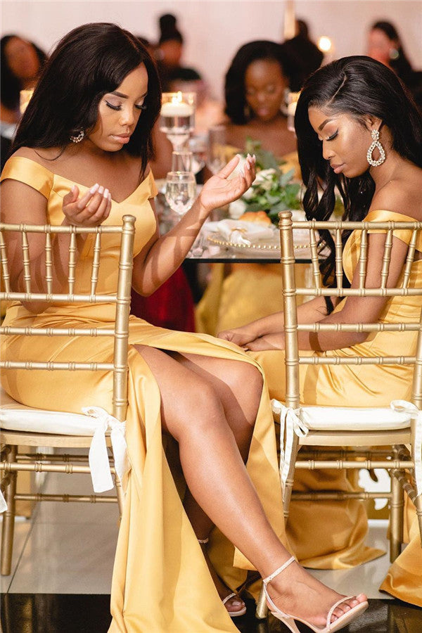 Mermaid Off the Shoulder Gold Simple Elegant Long Formal Bridesmaid Dresses BD131