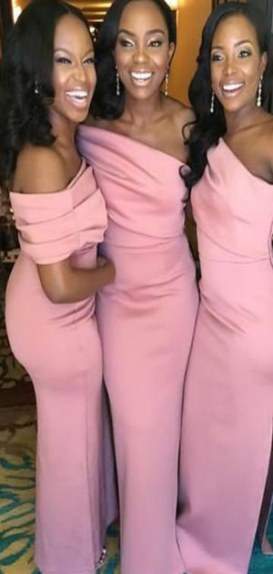 Mermaid One Shoulder Pink Formal Bridesmaid Dresses, Wedding Guest Dress BD084