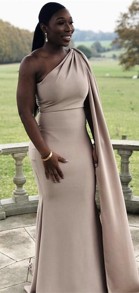 Mermaid One Shoulder Satin Modest Wedding Guest Dresses, Long Formal Bridesmaid Dresses BD193