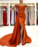 Mermaid Orange Off the Shoulder Modest Elegant Evening Long Prom Dresses PD325