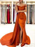 Mermaid Orange Off the Shoulder Modest Elegant Evening Long Prom Dresses PD325