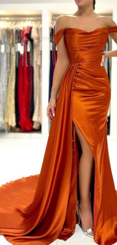 Mermaid Orange Off the Shoulder Modest Elegant Evening Long Prom Dresses PD325