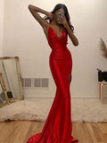 Mermaid Red Spaghetti Straps Sexy Simple Party Long Prom Dresses PD371
