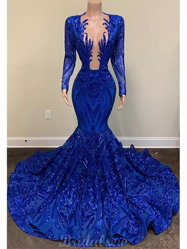 Mermaid Royal Blue Lace Gorgeous Unique Black Girls Long Sleeves Women Long Prom Dresses PD403