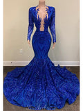 Mermaid Royal Blue Lace Gorgeous Unique Black Girls Long Sleeves Women Long Prom Dresses PD403