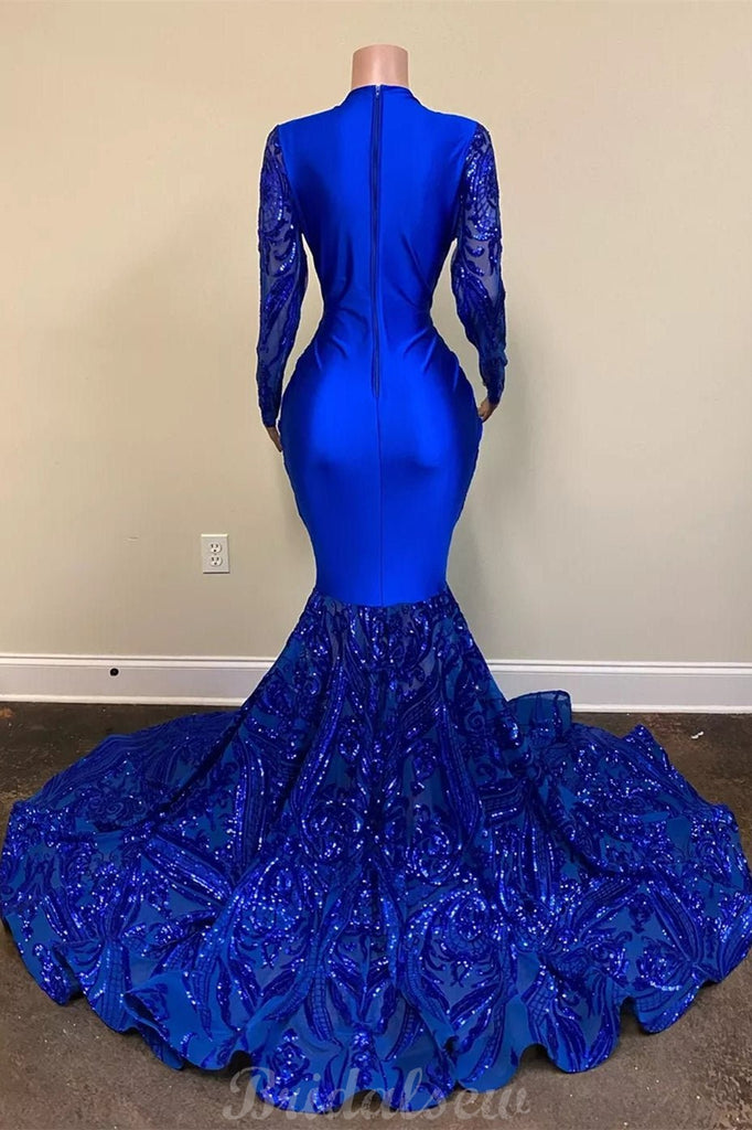 Mermaid Royal Blue Lace Gorgeous Unique Black Girls Long Sleeves Women Long Prom Dresses PD403