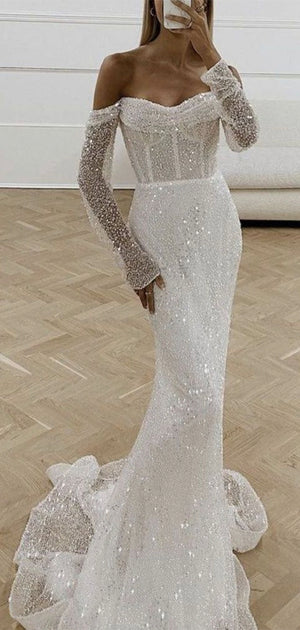 Mermaid Sequin Long SLeeves Luxurious Stunning Beach Vintage Long Wedding Dresses WD374