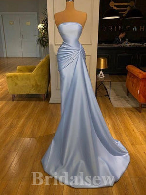 Mermaid Sexy Blue Satin Strapless New Unique Formal Modest Long Evening Prom Dresses PD1082