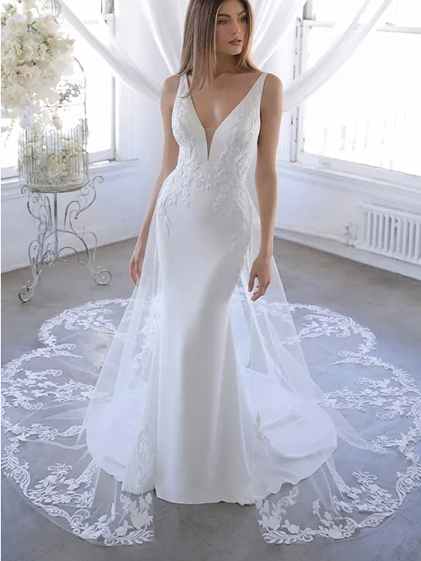 Mermaid Sleeveless V-Neck Luxurious Beach Vintage Long Wedding Dresses WD375
