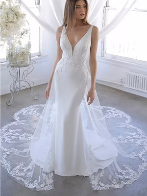 Mermaid Sleeveless V-Neck Luxurious Beach Vintage Long Wedding Dresses WD375