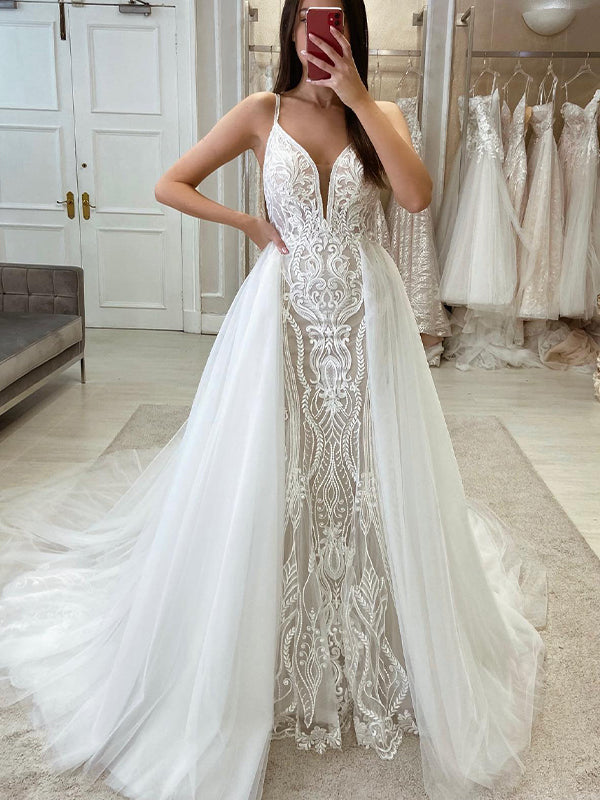 Mermaid Spaghetti Straps Detachable Stylish Garden Vintage Dream Beach Long Wedding Dresses WD500