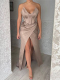 Mermaid Stylish Satin Popular High Slit Long Party Women Evening Prom Dresses PD688