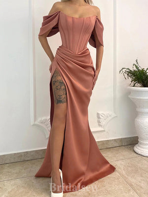 Mermaid Stylish Satin Popular Off the Shoulder Slit Long Party Women Evening Prom Dresses PD689