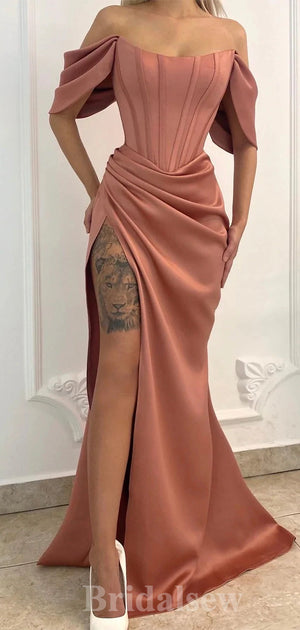Mermaid Stylish Satin Popular Off the Shoulder Slit Long Party Women Evening Prom Dresses PD689