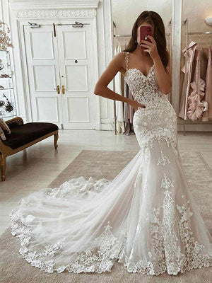 Mermaid Unique Fashion Lace Long Vintage Wedding Dresses WD044