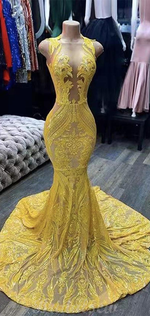 Mermaid Yellow Lace Gorgeous Unique Black Girls Sleeveless Women Long Prom Dresses PD404