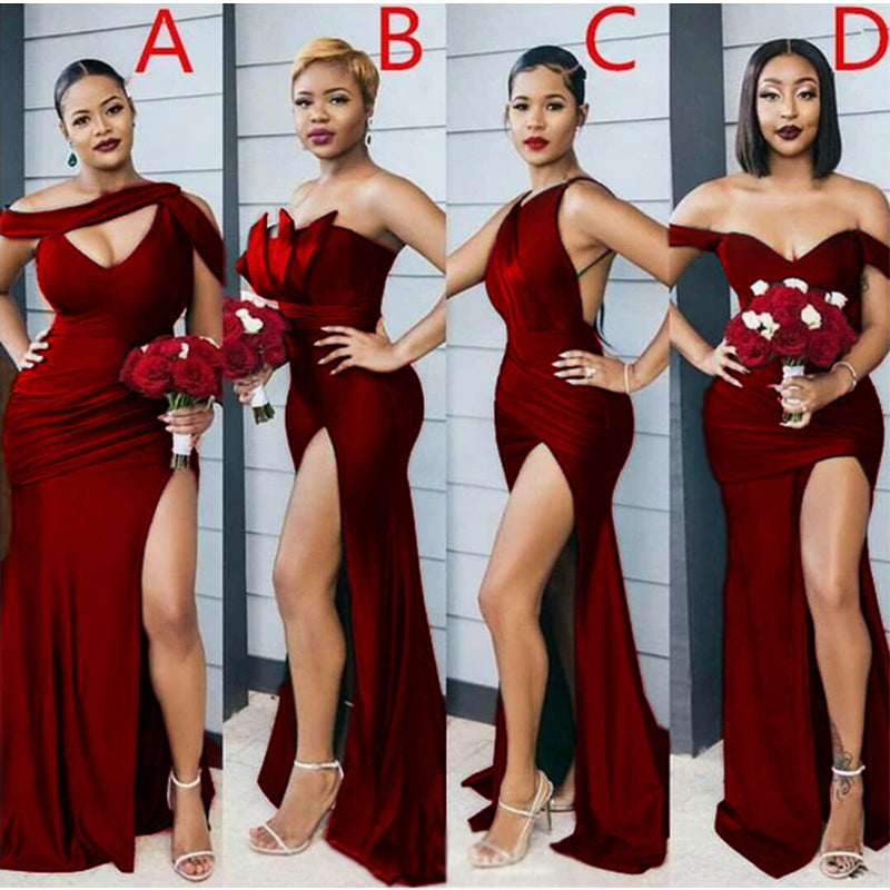 Mismached Burgundy Gold Green Mermaid Popular Bridesmaid Dresses BD002