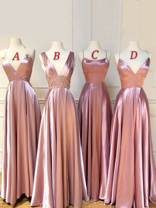 Mismatched A-line Dusty Rose Pink Elegant Chic Long Bridesmaid Dresses BD071