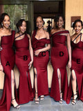 Mismatched Burgundy Mermaid Unique New Satin Plus Size Modest Long Formal Bridesmaid Dresses BD204