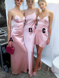 Mismatched Cheap Pink Simple Spaghetti Straps New Elegant Long Formal Bridesmaid Dresses BD213