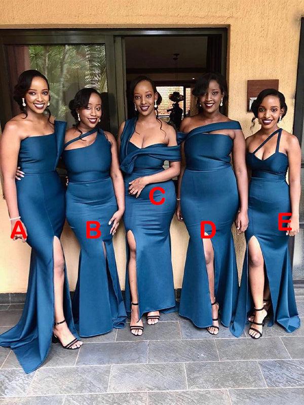 Mismatched Navy Blue Mermaid Unique New Satin Plus Size Modest Long Formal Bridesmaid Dresses BD203