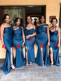 Mismatched Navy Blue Mermaid Unique New Satin Plus Size Modest Long Formal Bridesmaid Dresses BD203