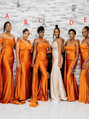 Mismatched Orange Mermaid Popular Satin Plus Size Elegant Long Formal Bridesmaid Dresses BD197
