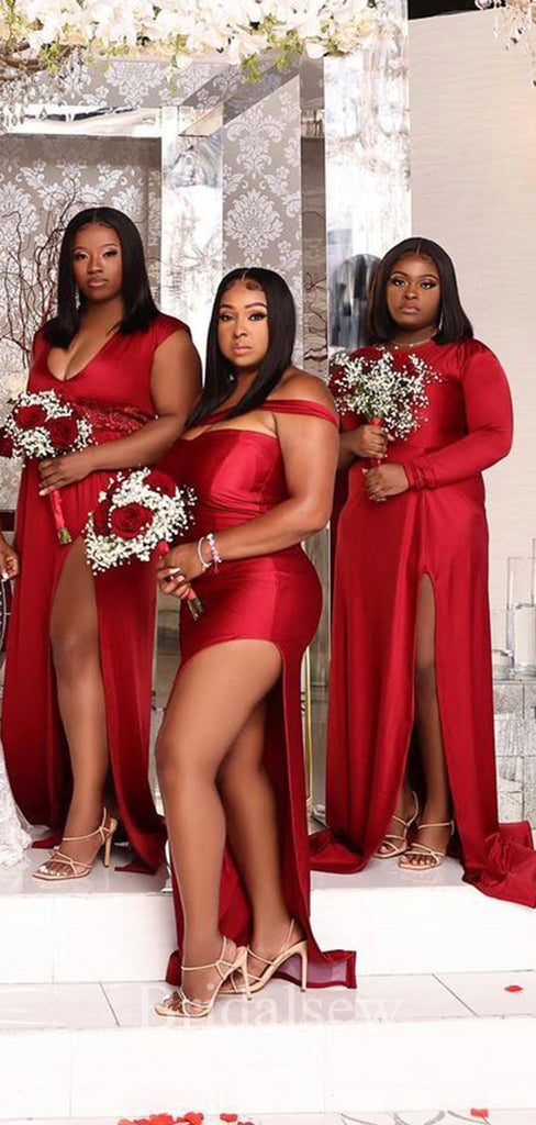 Mismatched Red Mermaid Elegant Long Formal Bridesmaid Dresses, Wedding Guest Dress BD164