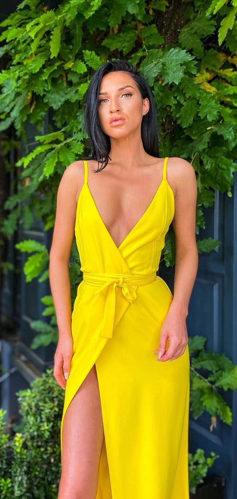New Arrival Yellow Spaghetti Straps Unique Long Prom Dresses PD138