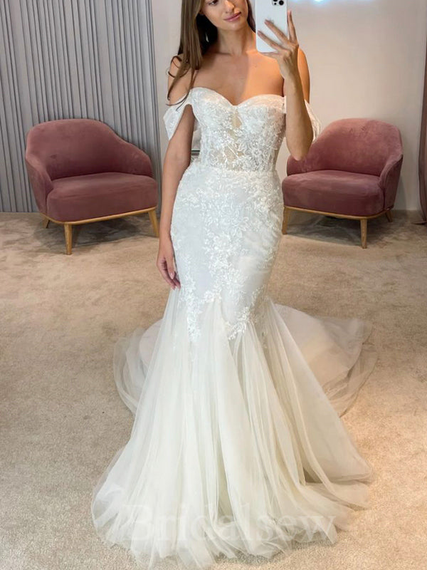 Off The Shoulder Mermaid Lace Classic Garden Beach Vintage Long Wedding Dresses WD301