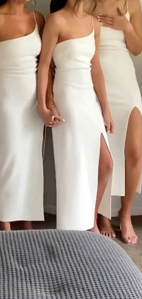 Off White One Shoulder Slit Simple Custom Elegant Long Simple Bridesmaid Dresses BD222