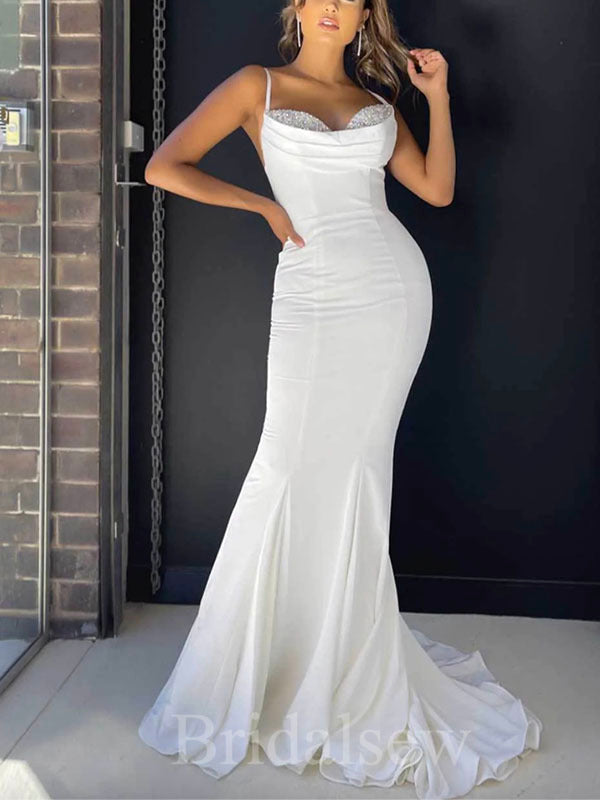 Off White Spaghetti Straps Mermaid Elegant Modest Women Long Evening Prom Dresses PD611