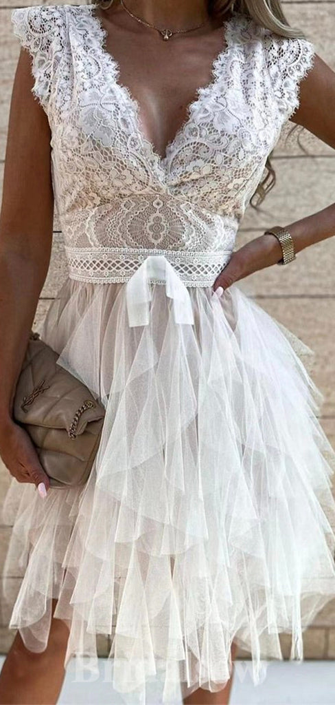 Off White V-Neck Lace Lovely Short Prom Dresses, A-line Fairy Princess Homecoming Dresses, HD023