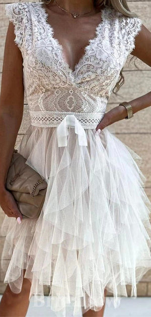 Off White V-Neck Lace Lovely Short Prom Dresses, A-line Fairy Princess Homecoming Dresses, HD023
