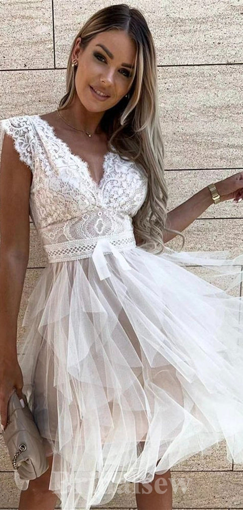 Off White V-Neck Lace Lovely Short Prom Dresses, A-line Fairy Princess Homecoming Dresses, HD023