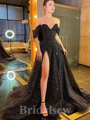 Off the Shoulder A-line Black Glitter Tulle Modest Princess Long Women Evening Prom Dresses PD737