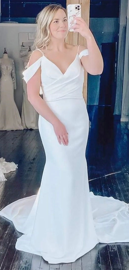 Off the Shoulder Mermaid Satin Classic Fitted Country Beach Vintage Long Wedding Dresses WD395