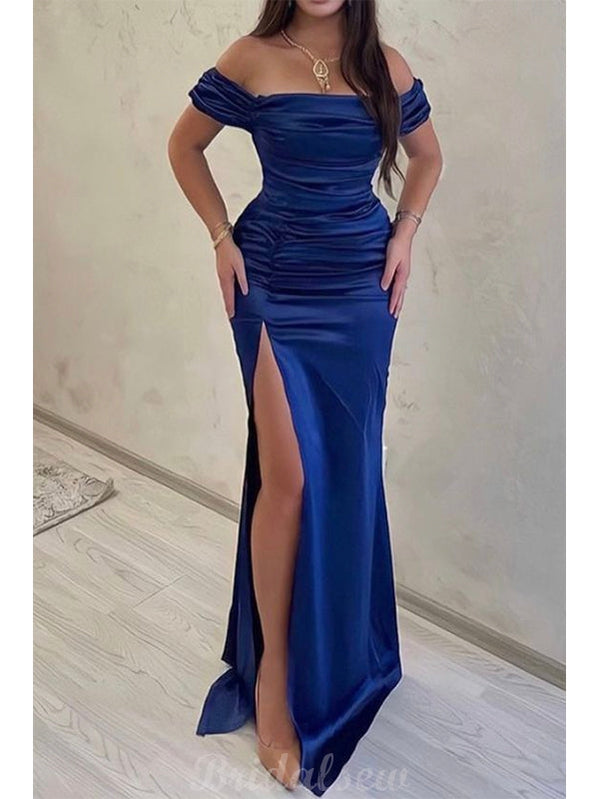 Off the Shoulder Slit Mermaid Satin Elegant Formal Black Girls Slay Evening Long Prom Dresses PD544