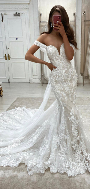 Off the Shoulder Unique Design Dream Princess Vintage Garden Beach Long Wedding Dresses WD245