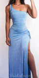 One Shoulder Blue Sparkly Unique Mermaid New Vintage Glitter Long Women Best Evening Prom Dresses PD1014