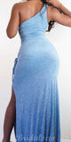 One Shoulder Blue Sparkly Unique Mermaid New Vintage Glitter Long Women Best Evening Prom Dresses PD1014