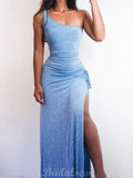 One Shoulder Blue Sparkly Unique Mermaid New Vintage Glitter Long Women Best Evening Prom Dresses PD1014