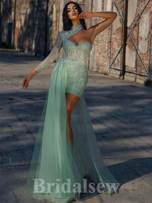 One Shoulder Gorgeous Sage Green Mermaid Glitter Black Girls Slay Party Women Long Evening Prom Dresses PD662