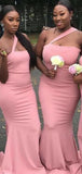 One Shoulder Pink Simple Popular Mermaid Plus Size Elegant Long Formal Bridesmaid Dresses BD201