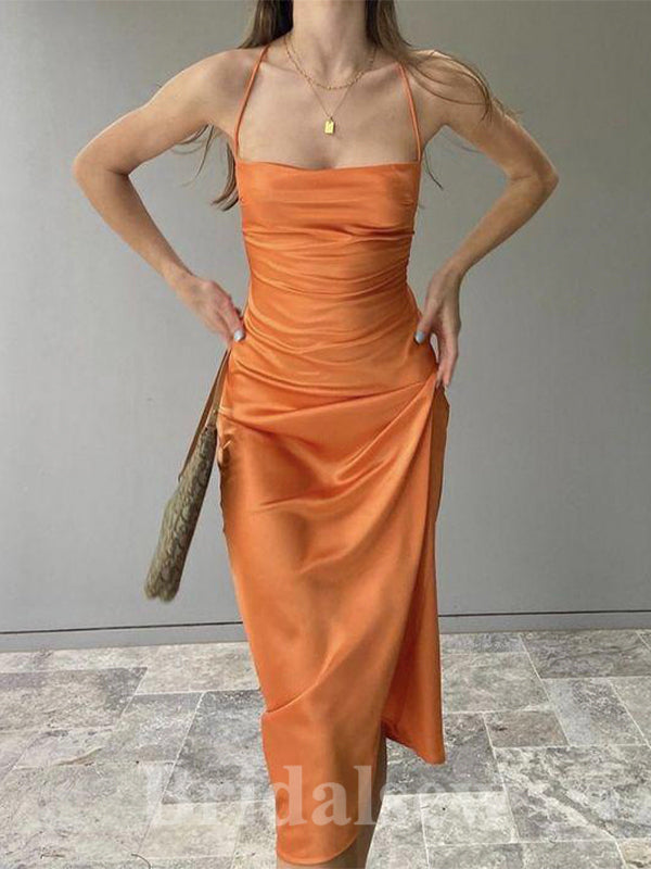 Orange New Mermaid Simple Spaghetti Straps Custom Long Prom Dresses, Formal Bridesmaid Dresses  PD1087