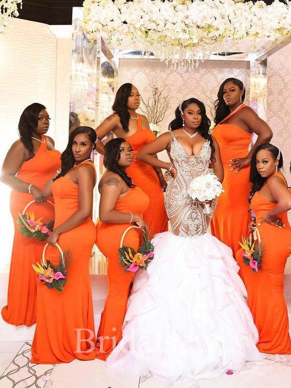 Orange Simple Mermaid Elegant Long Formal Bridesmaid Dresses, Wedding Guest Dress BD162