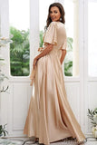 Champagne Aline Half Sleeves Formal Long Beach Bridesmaid Dresses BD111