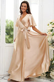 Champagne Aline Half Sleeves Formal Long Beach Bridesmaid Dresses BD111