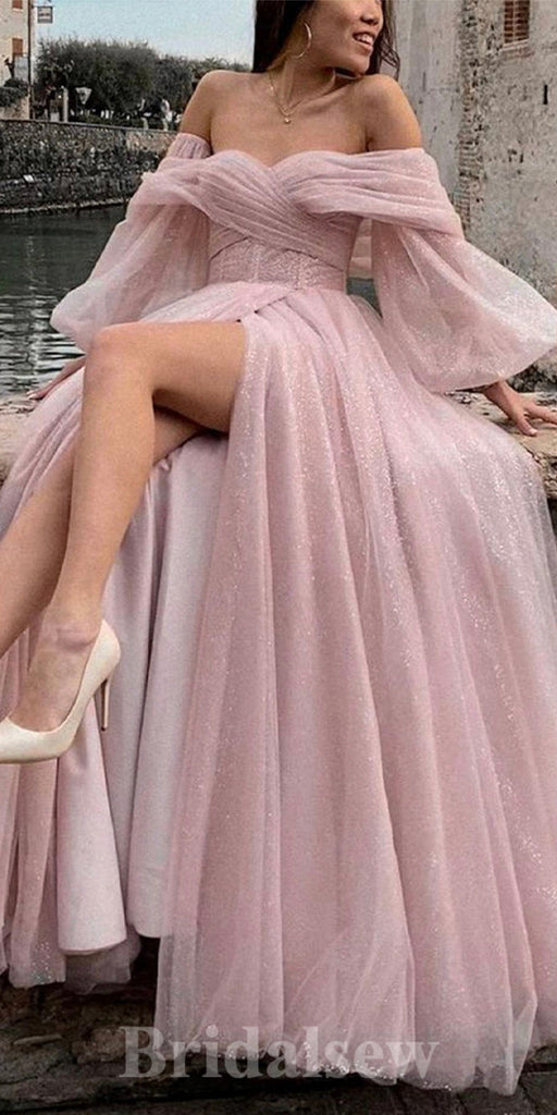 Pink Charming Glitter Sparkly Sequin Long Sleeves Off the Shoulder Modest New Party Long Women Evening Prom Dresses PD895