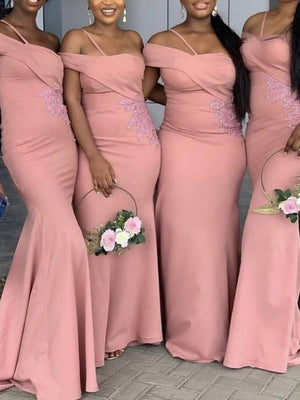 Pink One Shoulder Mermaid Long Formal Unique Bridesmaid Dresses BD103